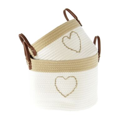 Panier en coton décoration coeur lot de 2, Ø25x18cm/Ø30x22cm, blanc, 806650