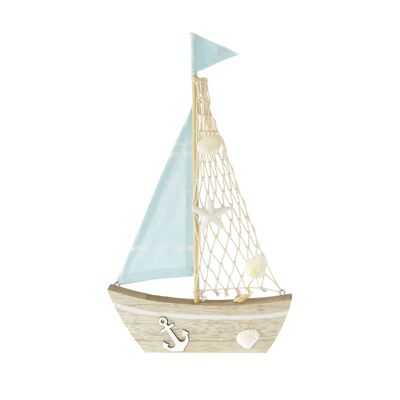 Wooden sailboat with shells, 20 x 2 x 34 cm, blue/natural, 807381