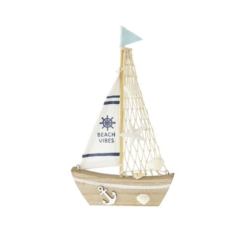 Holz-Segelboot mit Muscheln, 16 x 2 x 28 cm, blau/natur, 807398