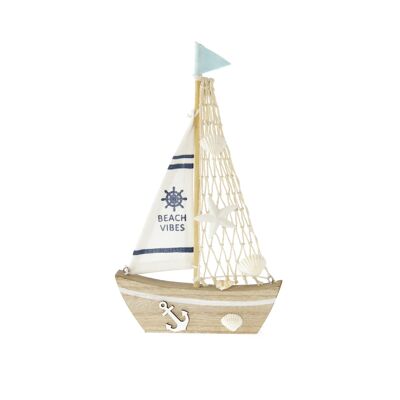Barca a vela in legno con conchiglie, 16 x 2 x 28 cm, blu/naturale, 807398