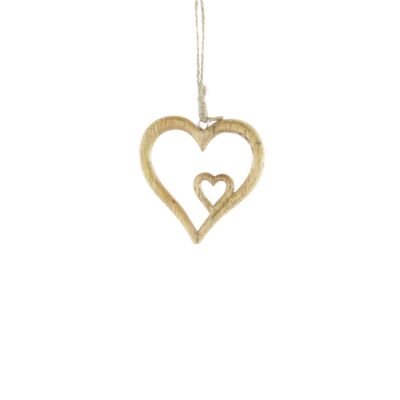 Mango wood hanger heart in heart, 8 x 1 x 7.5 cm, natural, 809125