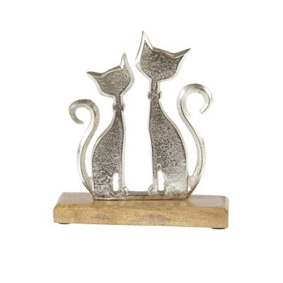 Aluminum cats on a wooden base, 20 x 5 x 23 cm, silver, 811951