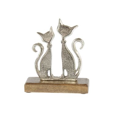 Aluminum cats on a wooden base, 15 x 5 x 18 cm, silver, 811968