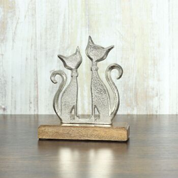 Chats en aluminium sur socle en bois, 15 x 5 x 18 cm, argent, 811968 2