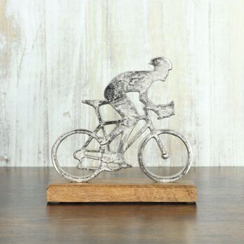 Vélo en aluminium sur socle en bois, 20 x 5 x 19 cm, argent, 811975 2