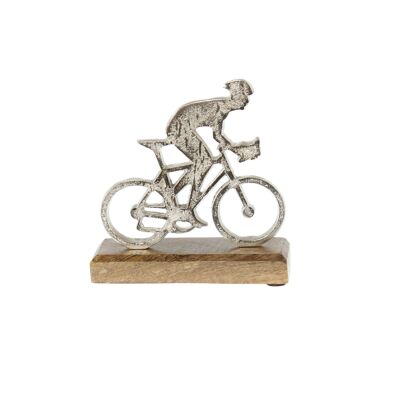 Aluminum bicycle on a wooden base, 15 x 5 x 15 cm, silver, 811982