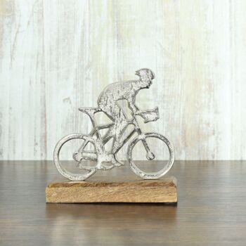 Vélo en aluminium sur socle en bois, 15 x 5 x 15 cm, argent, 811982 2