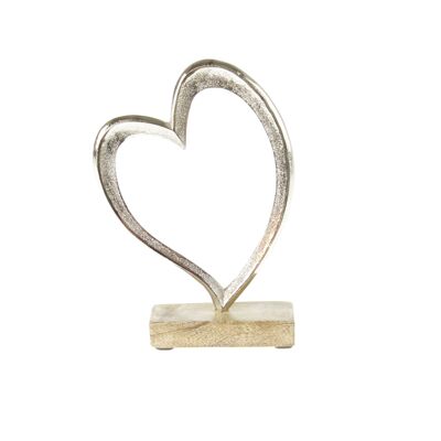 Coeur en aluminium a. Socle en bois grand, 13,5 x 5 x 20 cm, argent/naturel, 812644