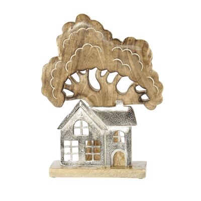 Wooden tree with aluminum house, 25 x 6 x 33 cm, silver/natural, 812750