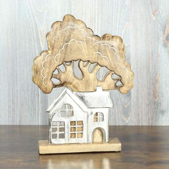 Arbre en bois avec maison en aluminium, 25 x 6 x 33 cm, argent/naturel, 812750 2