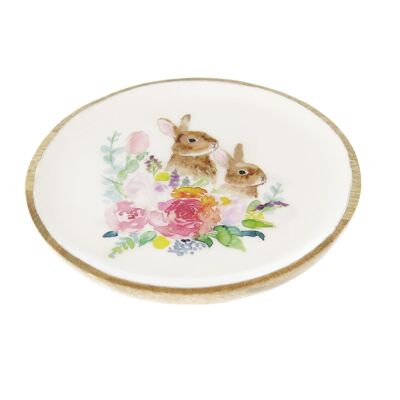 Wooden tray with bunny decoration, Ø 22 x 2 cm, white, 813825