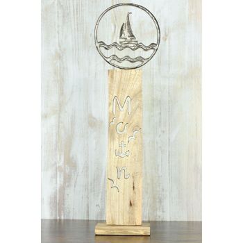 Colonne en bois de manguier avec bateau en aluminium, 20 x 5 x 66 cm, argent, 815027 2