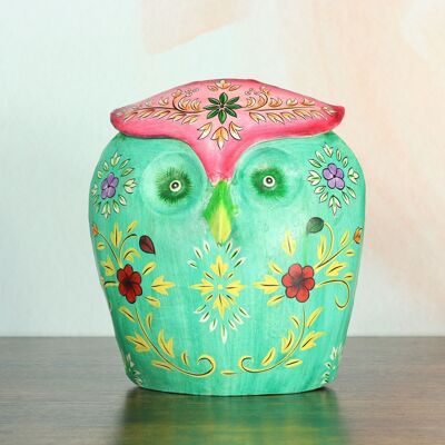 Metal money box owl, 23 x 20 x 26 cm, green/pink, 816796