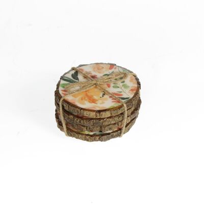 Dessous de verre en bois de manguier avec.Décor, Ø 10 x 5 cm, orange 4 pièces., 817038