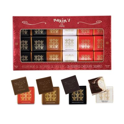 Schachtel mit 36 ​​verschiedenen Schokoladenquadraten