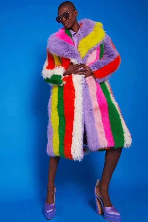 Rainbow Faux Fur Hand Crafted Eco Bamboo Maxi Coat