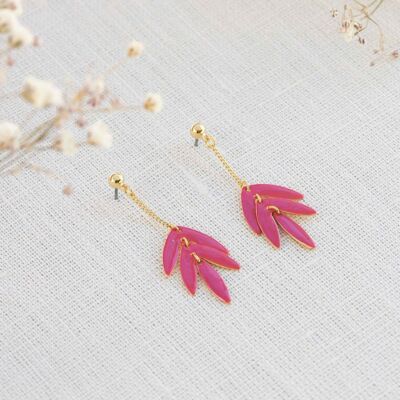 EXOTICA  boucles d'oreilles poussoir feuille fuschia