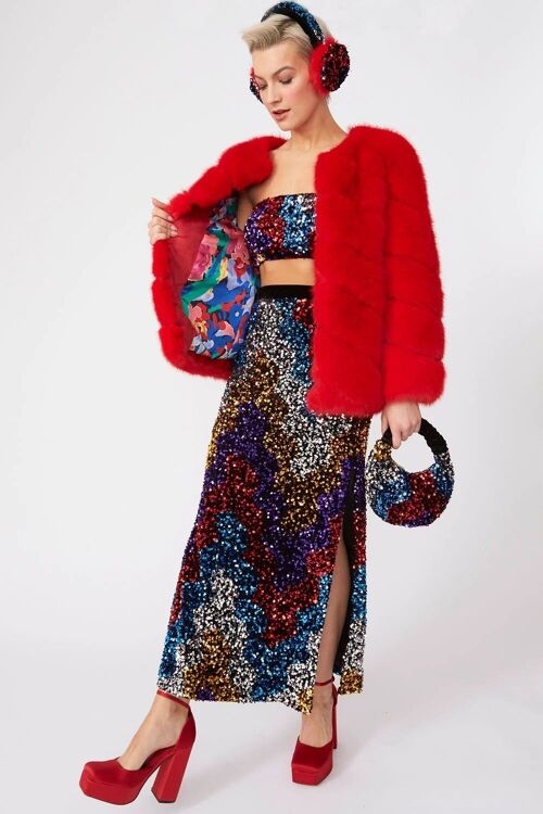 Gaga Faux Fur Striped Red Coat