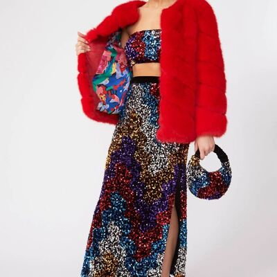 Gaga Faux Fur Striped Red Coat