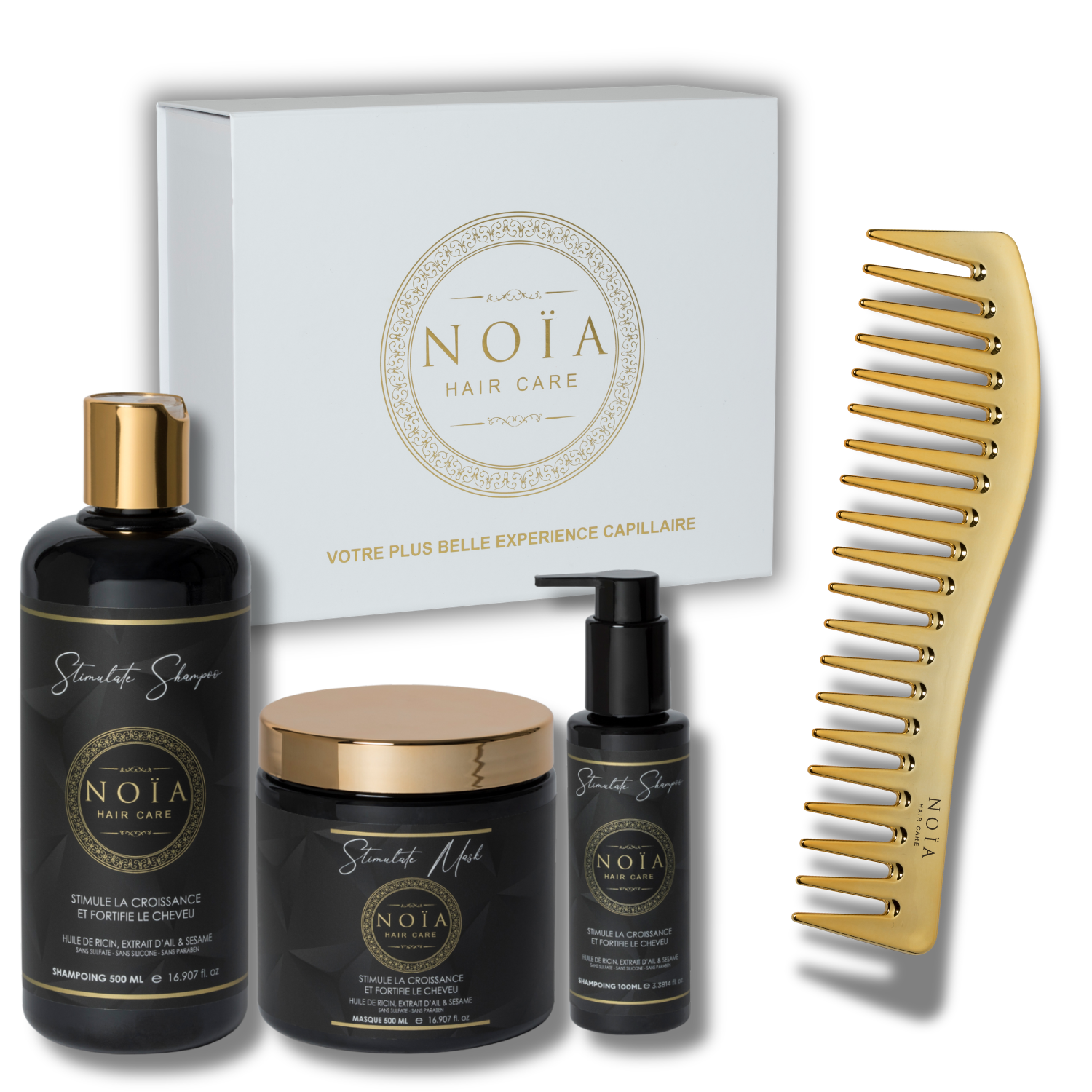 NOÏA Hair Stimulate Set – Fortifying Routine – Shampoo, Mask, Serum & Travel Comb