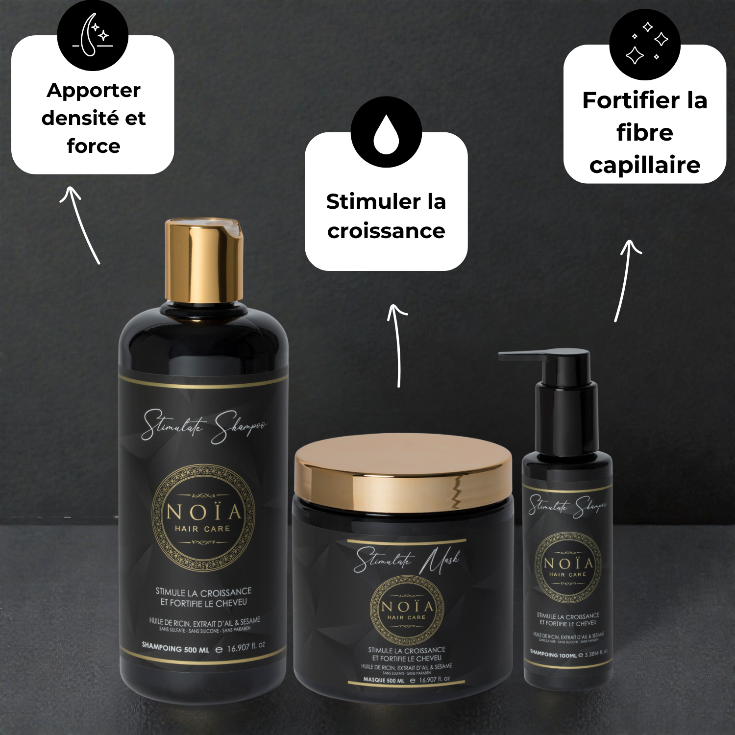 Coffret Stimulate NOÏA Hair – Routine Fortifiante – Shampoing, Masque, Sérum & Peigne de Voyage