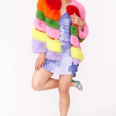 Gaga Faux Fur Striped Rainbow Coat