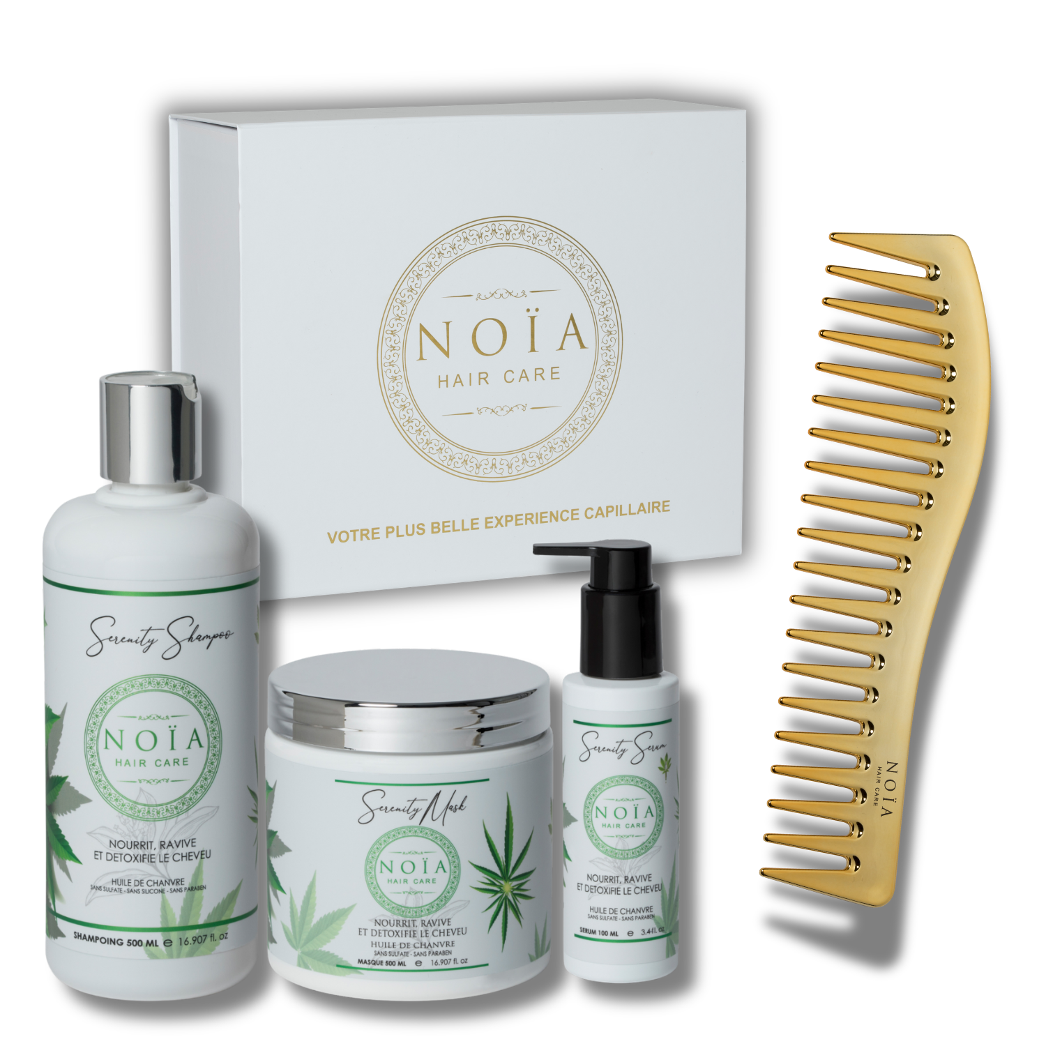 NOÏA Hair Serenity Gift Set – Soothing & Nourishing Routine – Shampoo, Mask, Serum & Travel Comb