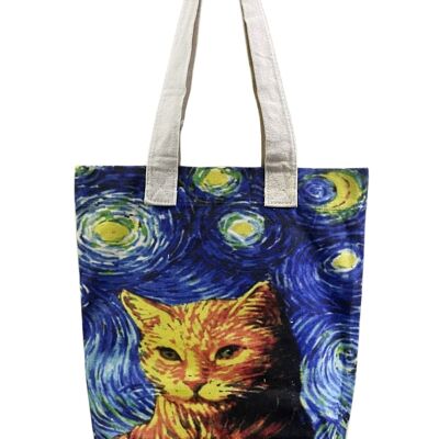 Bolsa de asas de algodón impresionista de arte de gato de noche estrellada (paquete de 3)
