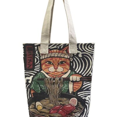 Japanese Ramen Cat Print Cotton Tote Bag (Pack of 3)