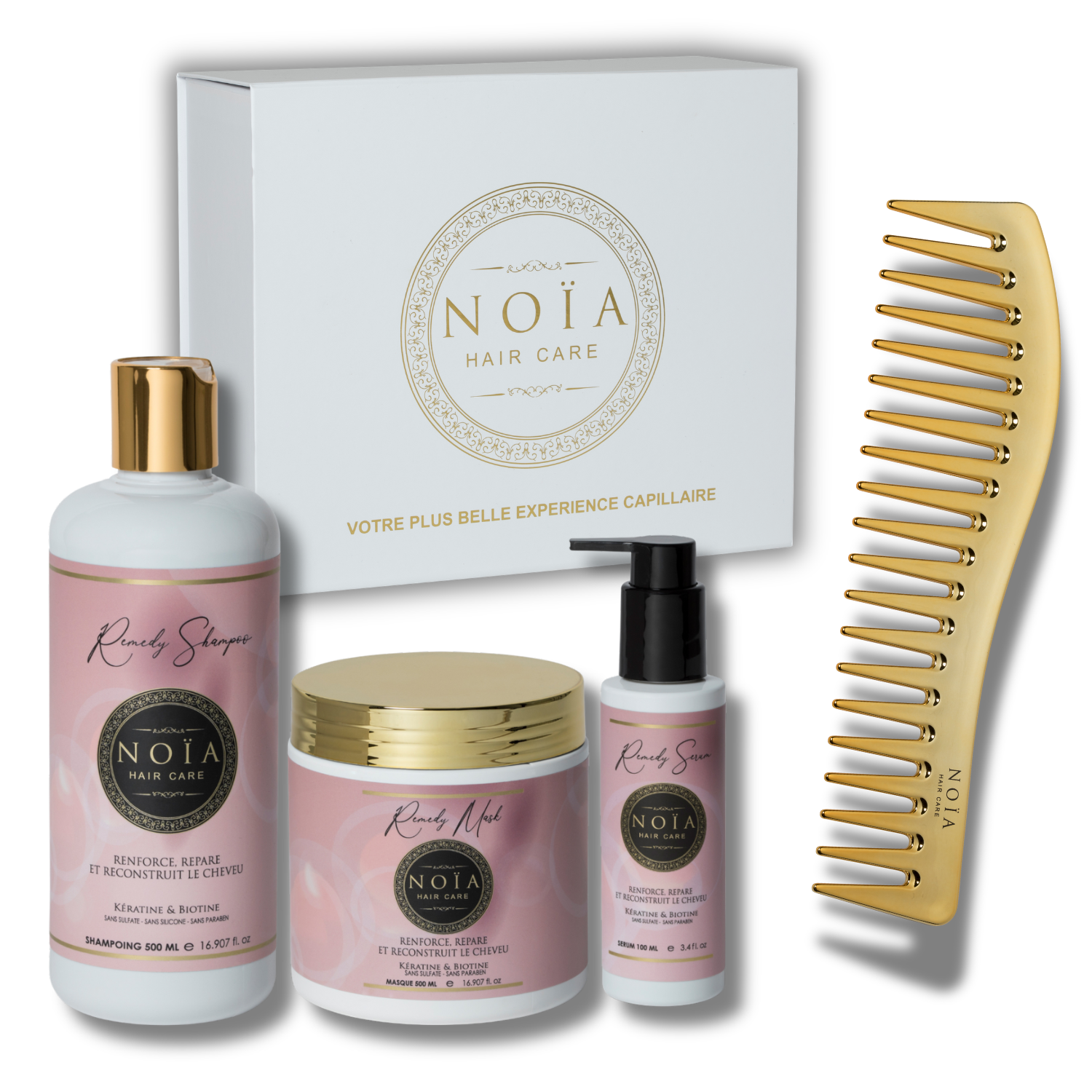 NOÏA Hair Remedy Set – Repair Routine – Shampoo, Mask, Serum & Travel Comb