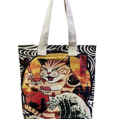 Japanese Sushi Cat Print Cotton Tote Bag (Pack of 3)