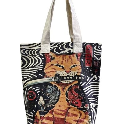 Japanese Samurai Cat Print Cotton Tote Bag (Pack of 3)