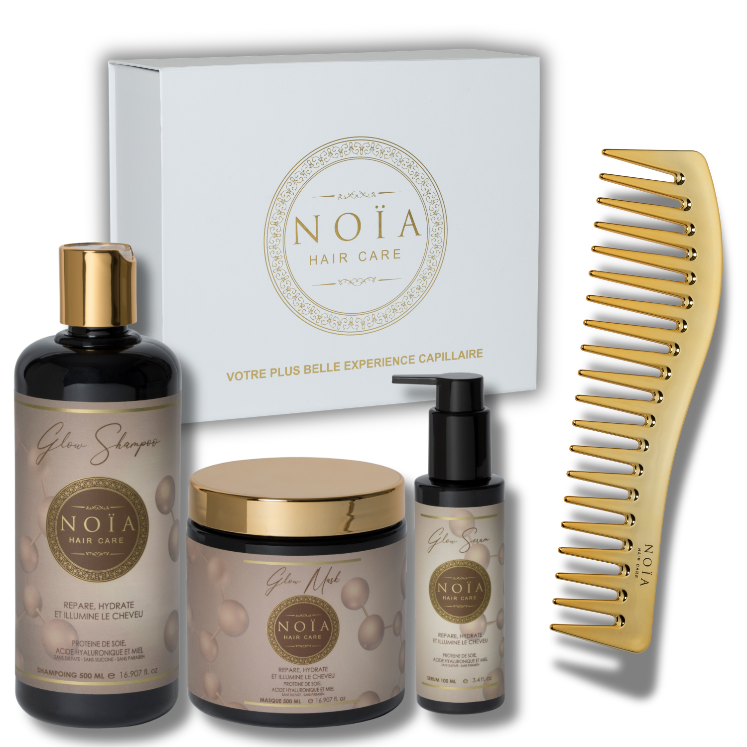 NOÏA Hair Glow Gift Set – Hydrating & Shine Routine – Shampoo, Mask, Serum & Travel Comb