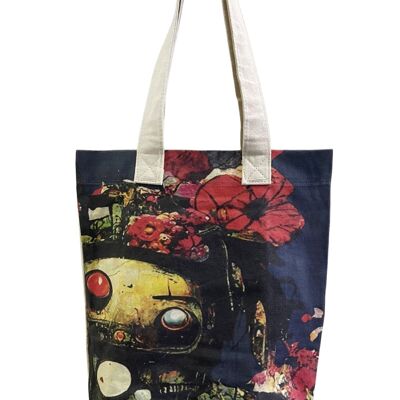Floral Robot Illustration Print Cotton Tote Bag (Pack of 3)