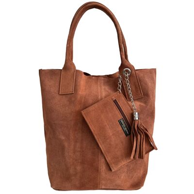 Modarno Sac shopper femme en véritable daim, avec écrin à bijoux de la même couleur - Sac à main - Sac bandoulière