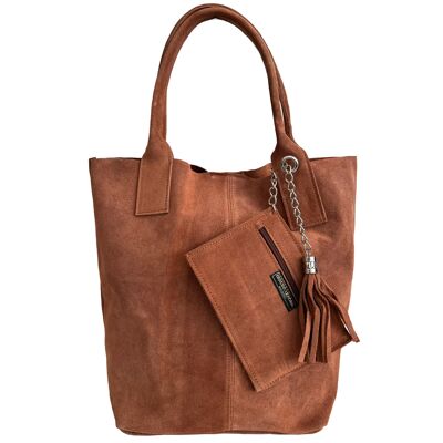 Modarno Women's shopper bag in real suede, with jewelery case of the same color - Handbag - Shoulder bag