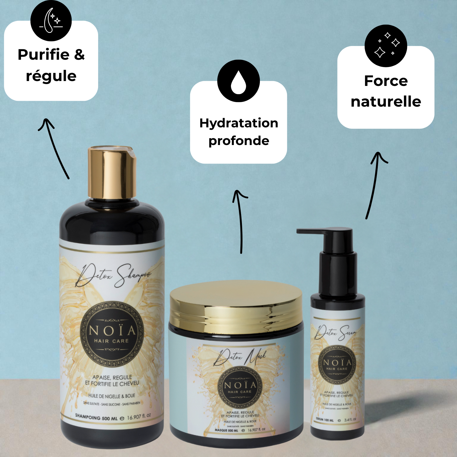 Coffret Detox NOÏA Hair – Routine Purifiante & Rééquilibrante – Shampoing, Masque, Sérum & Peigne de Voyage
