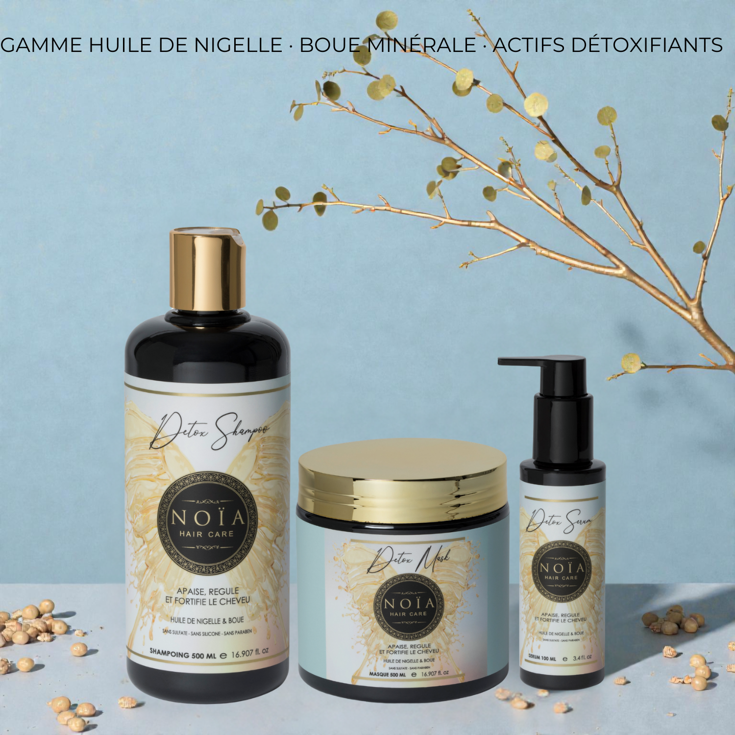 Coffret Detox NOÏA Hair – Routine Purifiante & Rééquilibrante – Shampoing, Masque, Sérum & Peigne de Voyage