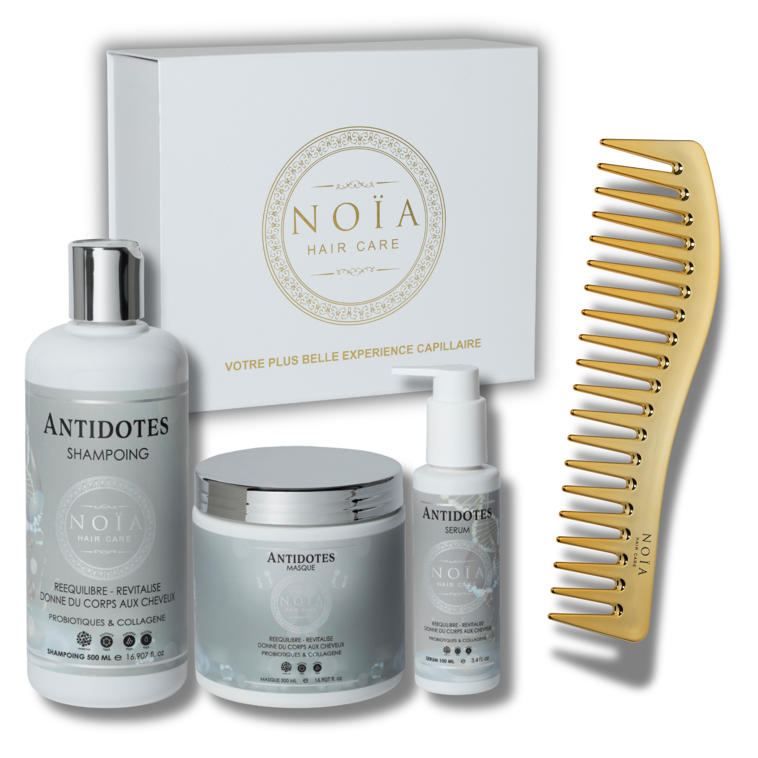 NOÏA Hair Antidotes Set – Rebalancing & Volumizing Routine – Shampoo, Mask, Serum & Travel Comb