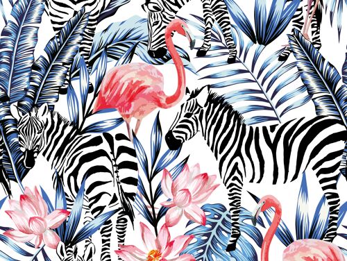 Tischsets | Platzsets abwaschbar - Tropische Zebras und Flamingos - 4 Stück aus erstklassigem Vinyl (Kunststoff) 40 x 30 cm