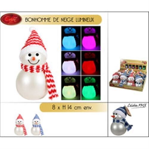 Bonhomme de Neige Lumineux Couleur Perle, D8 x 14H Cm Bleu et Rouge