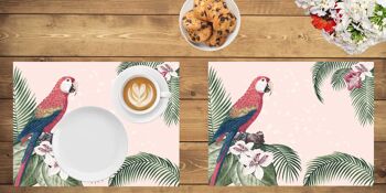 Napperons | Sets de table lavables - perroquet avec hibiscus et palmiers - 4 pièces en vinyle de première qualité (plastique) 40 x 30 cm 2