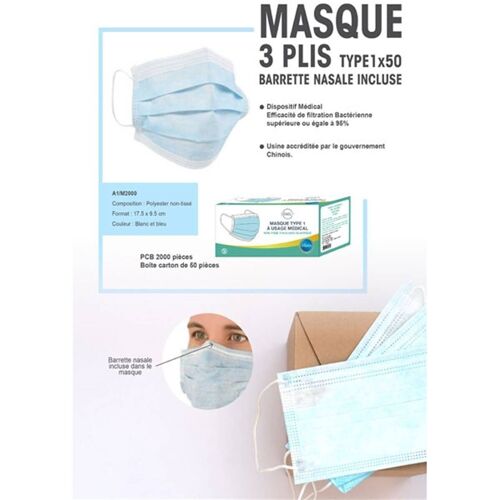 Boite de 50 Masques  de protection 3 Plis Nouvelles Normes