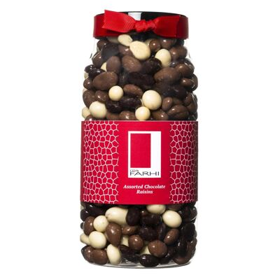 Assorted Chocolate Coated Raisins in a Gourmet Gift Jar