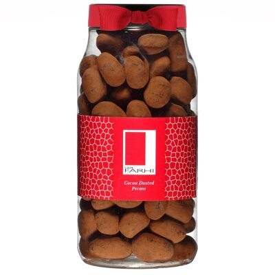 Mit Kakao bestäubte belgische Milchschokolade-Pekannüsse in einem Gourmet-Geschenkglas
