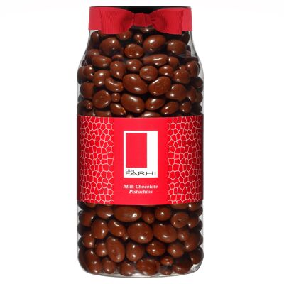 Pistacchi ricoperti di cioccolato al latte belga in un vasetto regalo gourmet