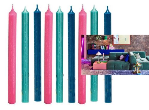 Cactula set of 9 high quality dinner candles in 3 colors 2.1 x 28 cm - Studio Funky - Blue Pink Turquoise