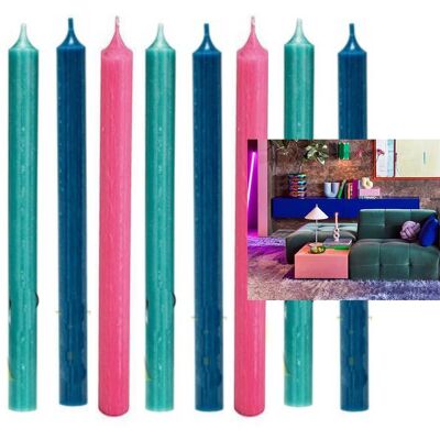 Cactula lot de 9 bougies de table de haute qualité en 3 couleurs 2.1 x 28 cm - Studio Funky - Bleu Rose Turquoise