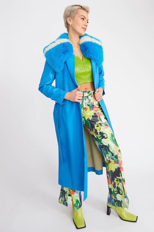 Blue Tencel Blend Eco Leather Trench Coat