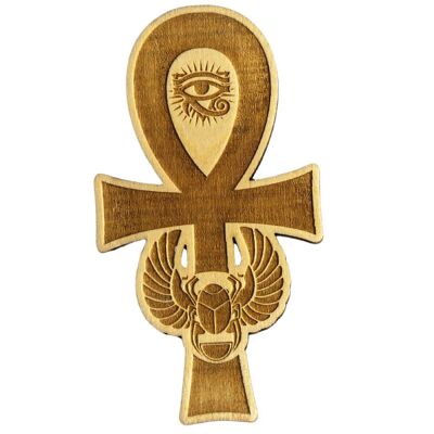 Croce Ankh con scarabeo e occhio di Horus in legno inciso da 5 a 30 cm a seconda del modello